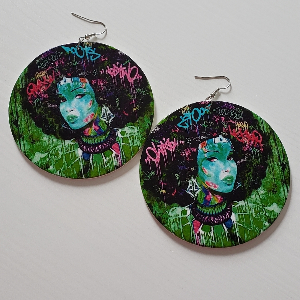 Graffiti Painted Wooden Earrings! - Picture 4 of 5